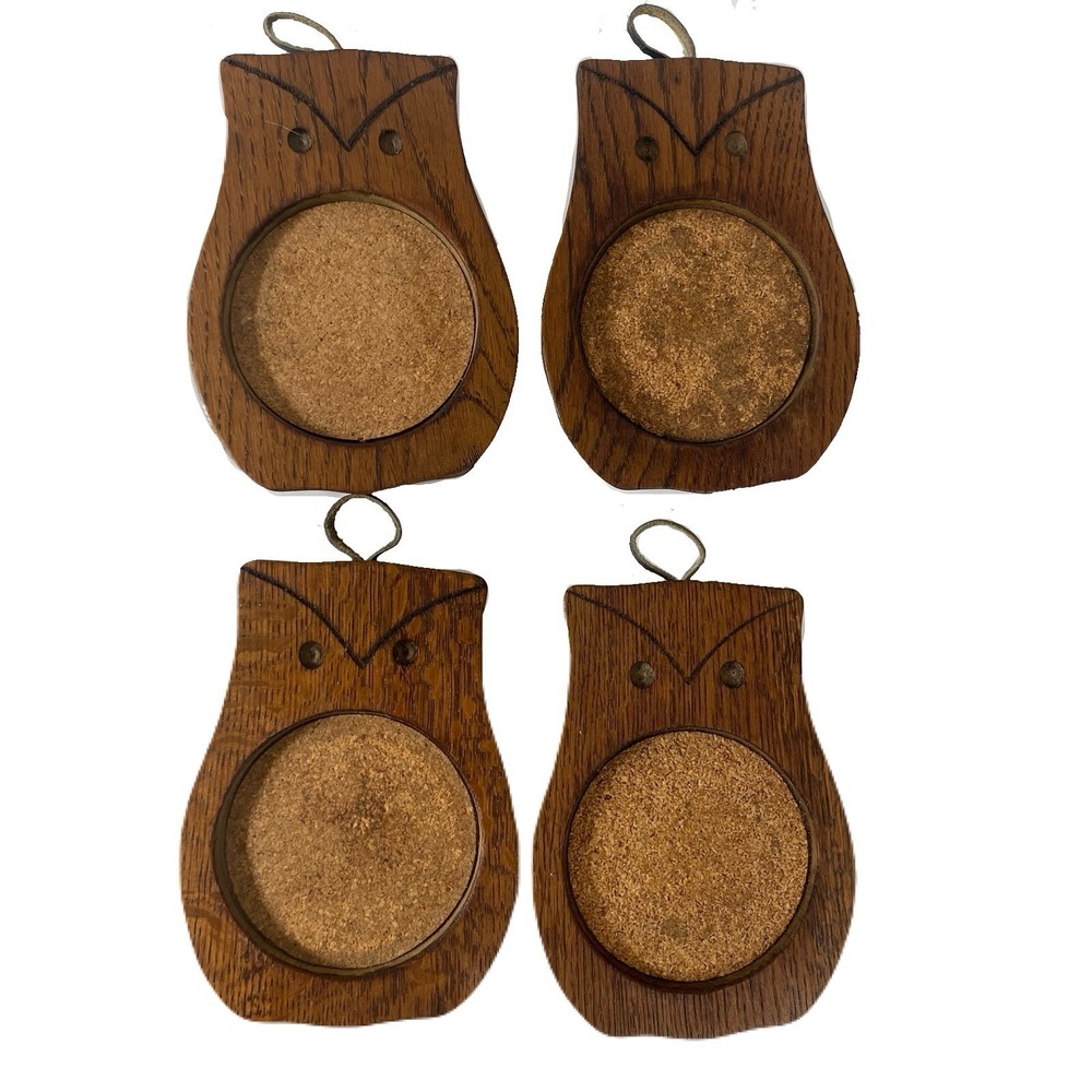 Vintage MCM Owl Wooden & Cork  Coaster Set Hangable 1960's Made in Japan